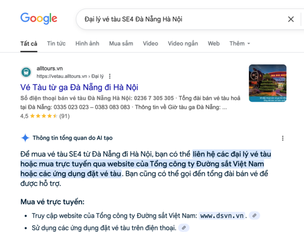 Tìm tên và thông tin, số điện thoại đại lý uy tín bán vé tàu SE4 Đà Nẵng Hà Nội trên Google