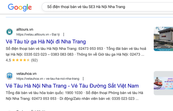 Tìm tên và thông tin, số điện thoại đại lý uy tín bán vé tàu SE3 Hà Nội Nha Trang trên Google