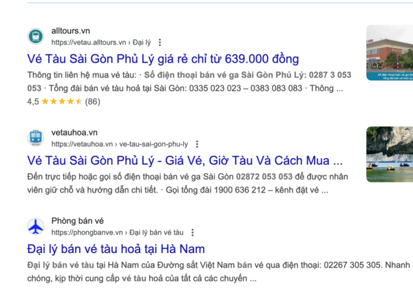 Hành khách tìm tên, số điện thoại đại lý bán vé tàu Tết 2026 Sài Gòn Phủ Lý trên Google