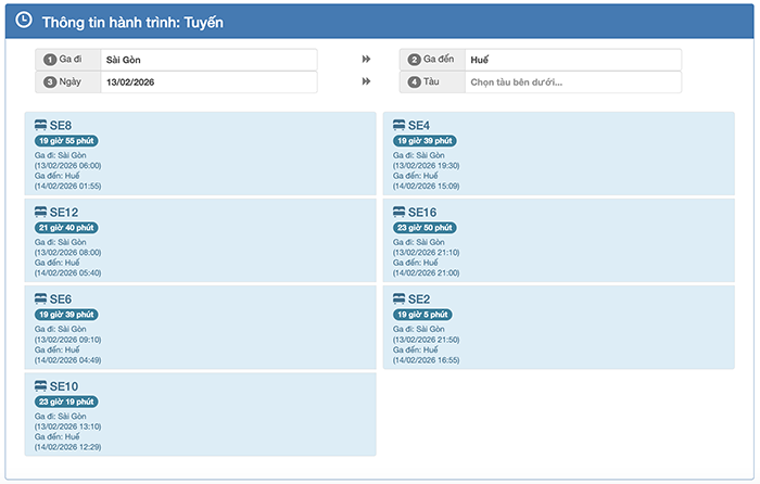 Bảng giờ tàu Tết Sài Gòn Huế